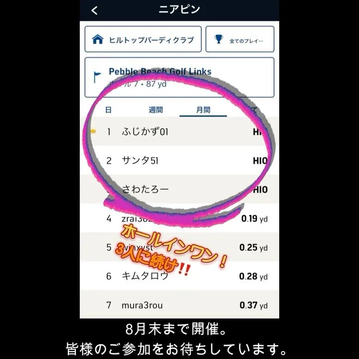 ヒルトップバーディクラブではニアピンチャレンジ開催中です。